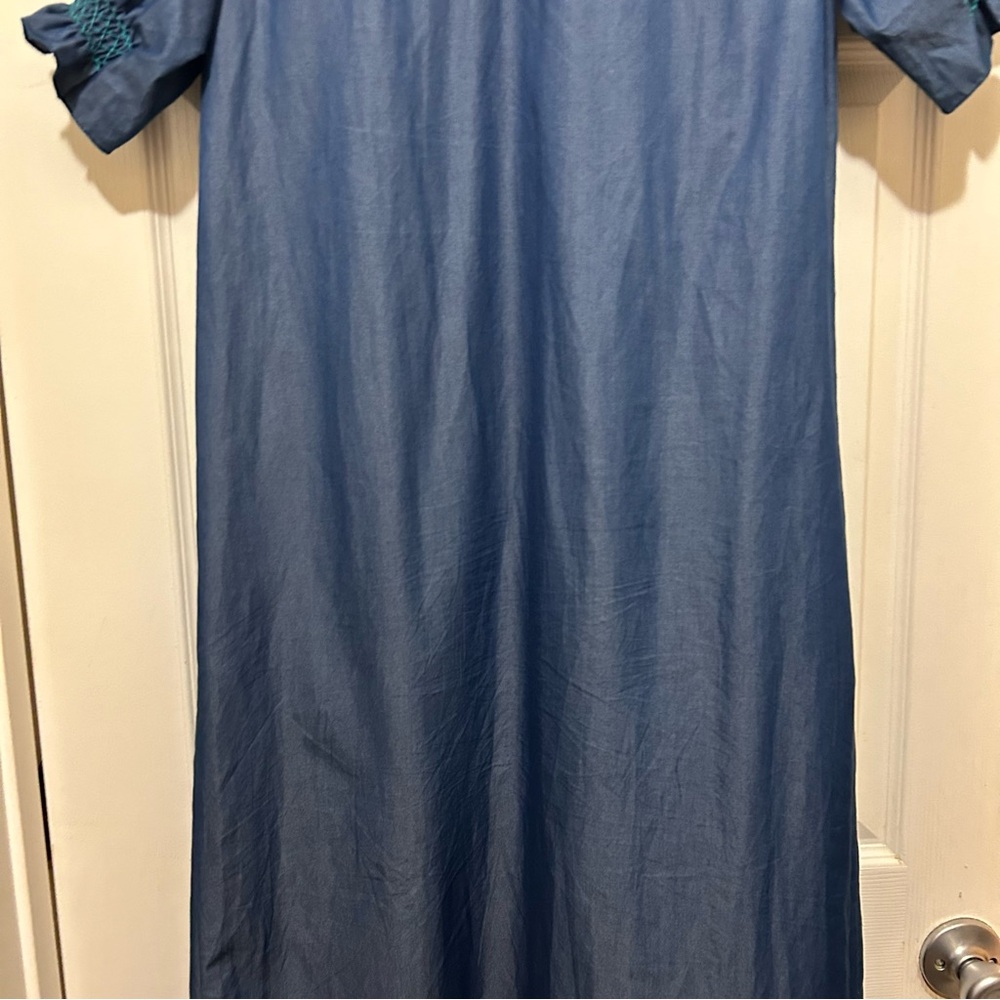 Loretta Caponi Elegant Blue Maxi Dress MockNeck Ruffle Designer Quiet Luxury Med - Picture 11 of 14